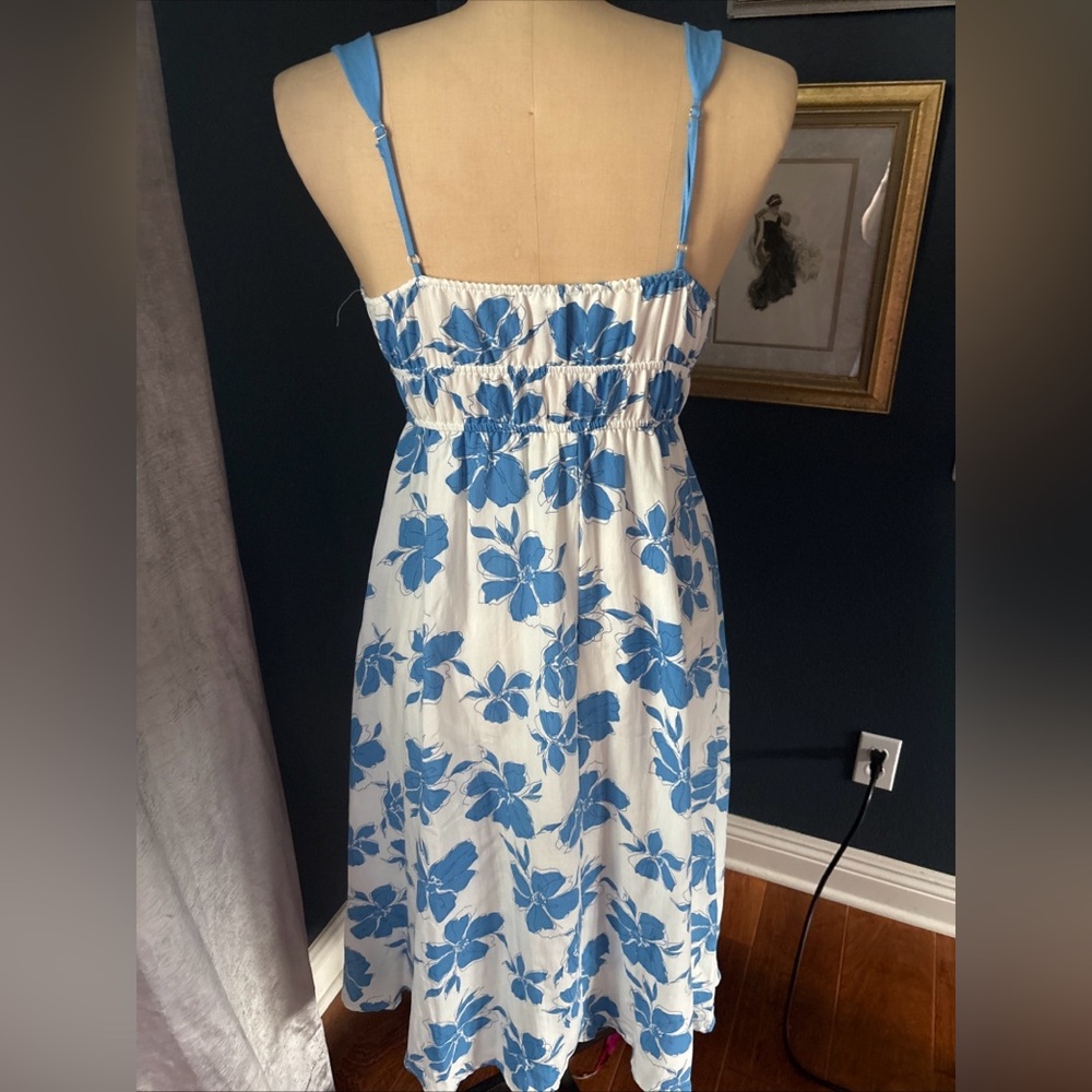 Blu Pepper Blue White Floral Midi Dress M Cottagecore Coastal Vacation Sundress - Picture 12 of 13